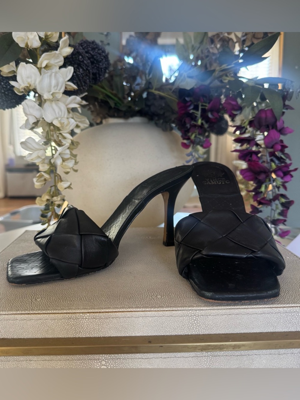 Vince Camuto Leather Black Woven Leather High Heel Mule Slip on 8.5 square toe